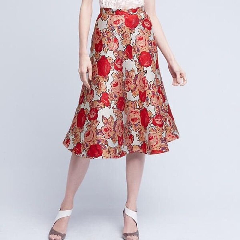 ANTHROPOLOGIE RED ROSE JACQUARD SKIRT by RACHEL ANTONOFF 2